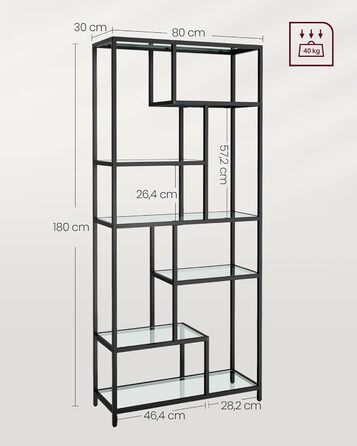 Етажерка на 6 полиць, 30x80x180 см, чорнило чорне вінтажний коричневий, для офісу, вітальні, кухні