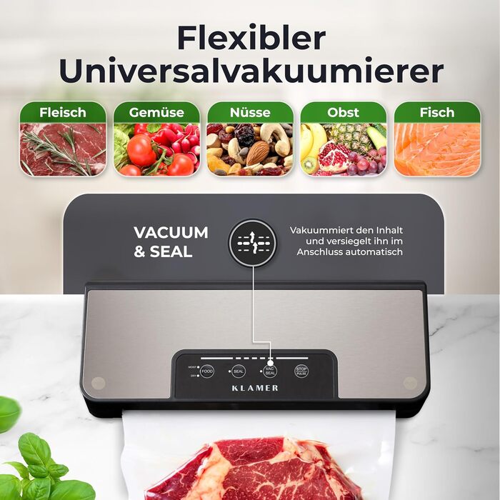Вакууматор KLAMER Vakuumierer Pro 80 (2025) для сухих та вологих продуктів, для Sous Vide, сріблястий, з пакетами та шлангом