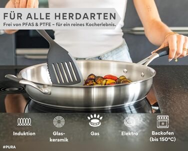 Набір сковорідок нержавіючої сталі Edelstein PURA 20, 24, 28 см + 32 см – для індукції та всіх плит, без PTFE/PFOA, для смаження з ароматом