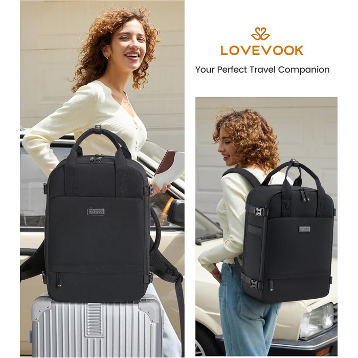 LOVEVOOK Рюкзак для ноутбука, жіночий, ручна поклажа, для подорожей, 15.6 дюймів, чорний, рожевий