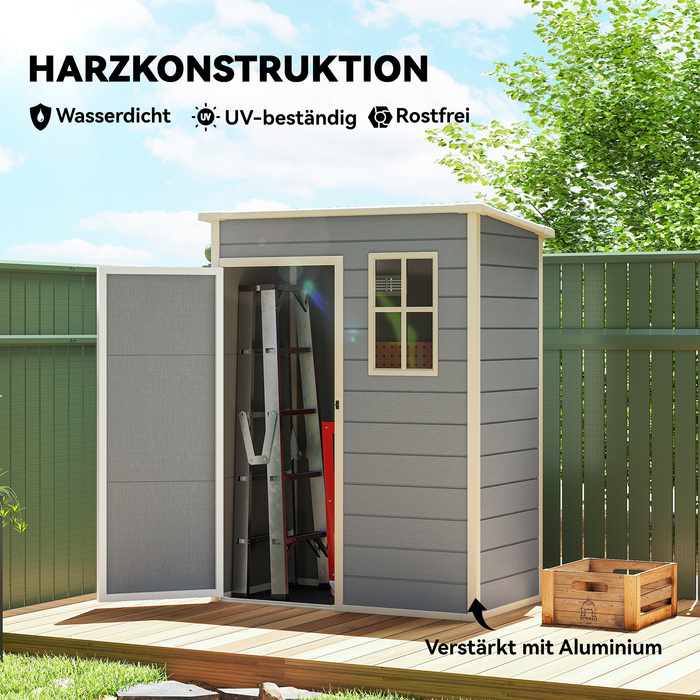 Сарай для інструментів Outsunny з пластику, 1,14 м², 151 x 92 x 193 см, з похилим дахом, підлогою та вікном, сірого кольору