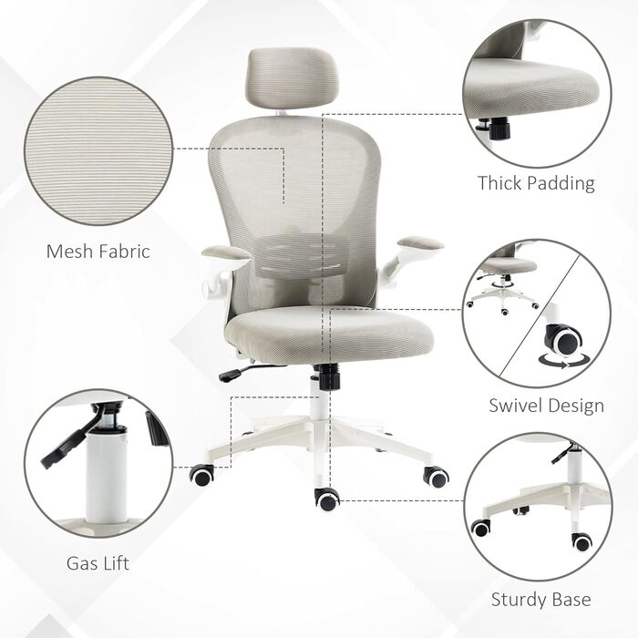 Офісне крісло Vinsetto з високою спинкою, сітчаста тканина, комп'ютерне крісло з обертовою підголівником, 4D поперекова підтримка, відкидні підлокітники, регульована висота, Білий (Сірий)