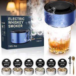 Електричний набір для копчення віскі з 6 дерев'яними чіпсами, перезаряджуваний, з вбудованим запальничкою, без бутану, ідея подарунка для чоловіків, батька, чоловіка або друга, з LED-підсвічуванням (блакитний)