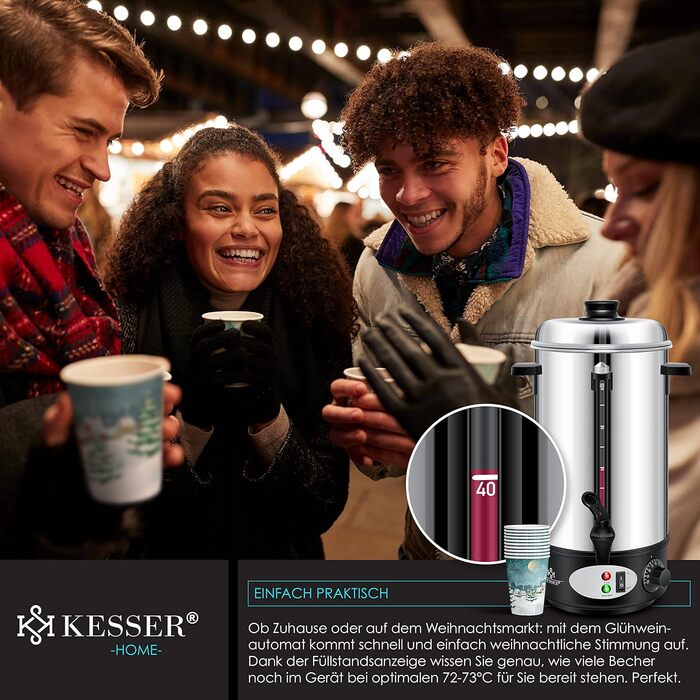 Глювайновий котел KESSER® 8L з нержавіючої сталі: котел для глінтвейну з термостатом, 10 склянок, дисплей рівня, кран, сріблястий