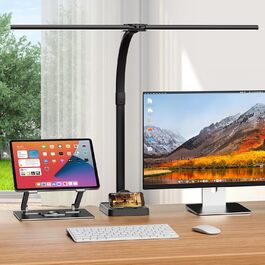 LED настільна лампа Doppelkopf з регулюванням яскравості, 24W, 80см, з кріпленням, денне світло, гнусий шийка, для офісу, захист очей, з підставкою для телефону, чорна