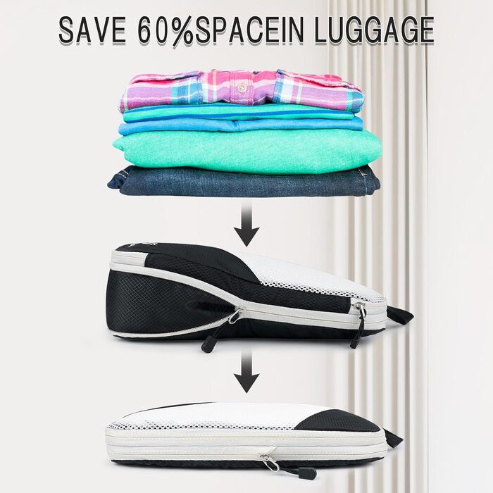Набір компресійних органайзерів для одягу AiQInu, 5 шт, дорожні сумки-пакувальники з мішком для взуття та білизни, ультралегкі розширювані органайзери для валізи та ручної поклажі (Чорний)