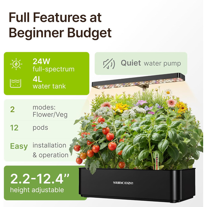 SUNCOZE Гідропонна система вирощування, набір для вирощування трав в приміщенні з LED-лампою, Smart Garden на 12 касет, 4L резервуар для води, регульована висота, тиха інтелектуальна помпа, для дому, кухні, чорний