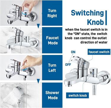 Змішувач для ванни та душу з підключенням 1/2 дюйма, накладний, з виходом для душу та наповнення ванни, хром