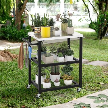 Grillwagen COSTWAY Outdoor: стіл для гриля з 3 полицями, 4 колесами, ручкою та 3 гачками | FM32279PWDE