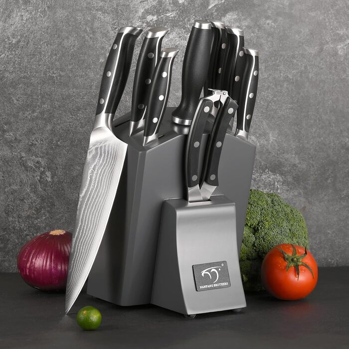 Набір кухонних ножів NANFANG BROTHERS 9 предметів з дамаської сталі, з дерев'яним блоком, нержавіюча сталь, сірий