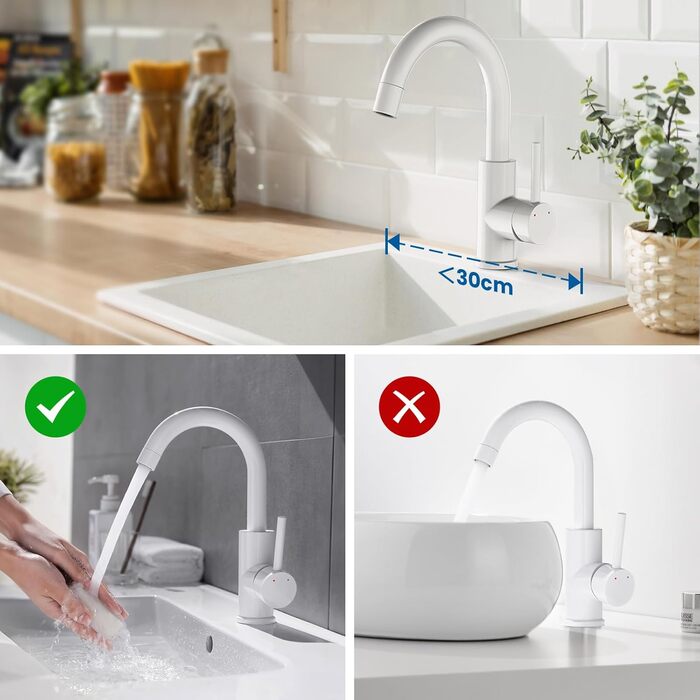 Змішувач для ванної кімнати/кухні Auralum з поворотним гусаком 360°, з високоякісної латуні, з підключенням 60 см, однорідний змішувач (білий)