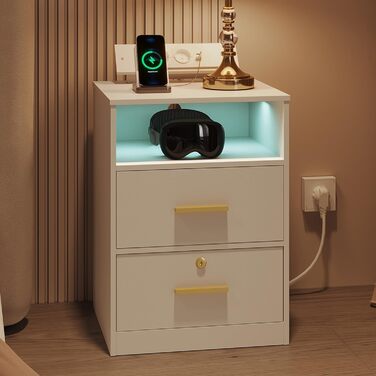 Приліжковий столик Hzuaneri з USB, Type-C, LED-підсвіткою, 2 шухлядами і замком, білий для спальні/вітальні