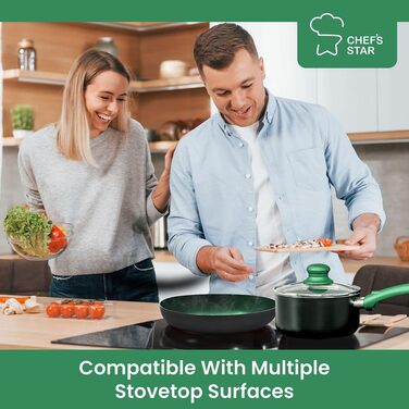 Набір каструль та сковорідок Chef's Star, 11 предметів, антипригарне покриття, алюміній, зелений