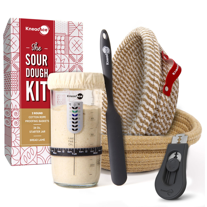 Набір для закваски KneadAce: банка 680.4 г, 2 корзини для бродіння, лезо для надрізання хліба, подарунок для пекаря. Комплект для випікання заквасного хліба