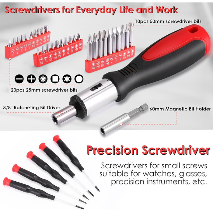 Набір інструментів TLGREEN 198 предметів у кейсі: побутовий, з тріскачкою, набором головок, викрутками – червоно-чорний