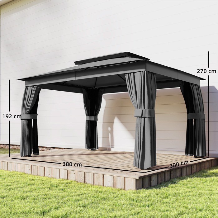 Газонний павільйон 3,8x3м, водовідштовхувальний, стабільний, зимостійкий. Ідеально підходить для саду. Оснащений подвійним дахом, шторами та москітною сіткою. Має гачки для підвішування. Колір: темно-сірий.