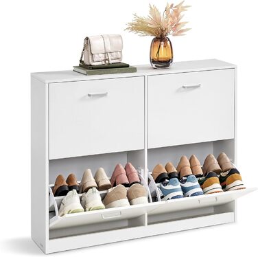 Шафа для взуття VASAGLE з 4-ма дверцятами, 16-28 пар, білий колір, регульована перегородка, 24 x 105,5 x 82,7 см