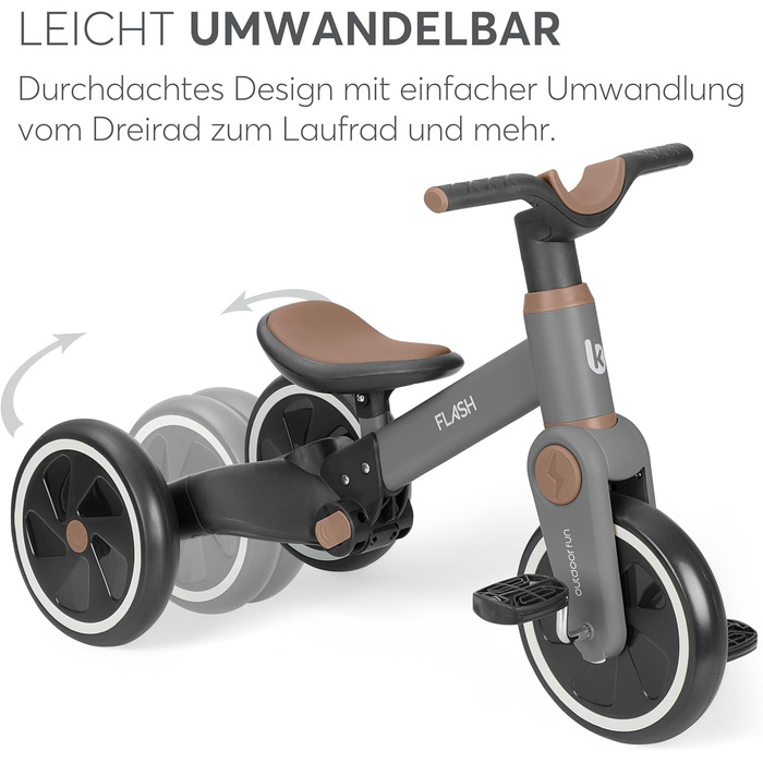 KikkaBoo Flash 5-в-1: Біговел/Триколісний велосипед для дітей від 18 місяців, сталевий каркас, EVA колеса, регульована ручка, сірий