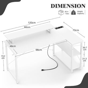 Ігровий кутовий стіл L-подібної форми з LED-підсвічуванням та розетками, 120x70 см, колір дуб (білий)