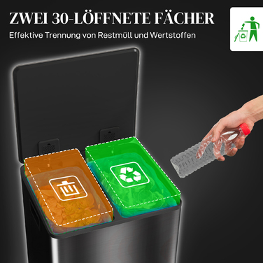 Відро для сміття з двома відсіками по 30 літрів, м'яке закриття кришки, стійке до відбитків пальців, нержавіюча сталь, чорний