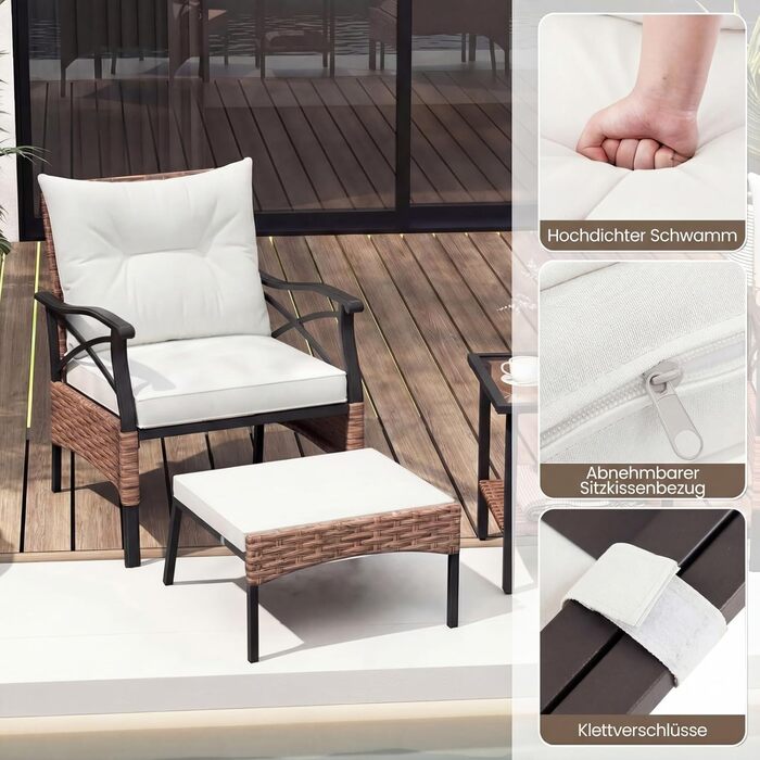 Садовий набір меблів COSTWAY з ротангу, 5 предметів: 2 крісла з подушками, пуф та стіл для балкона, тераси, саду (коричневий + бежевий)