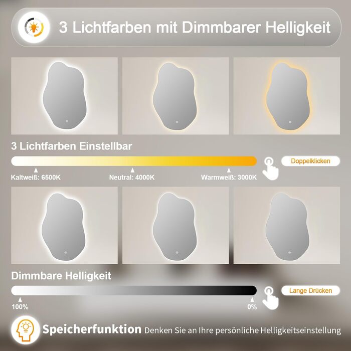 Дзеркало для ванної кімнати Badspiegel 70x50см з підсвічуванням 3 кольори, сенсорне керування, прямокутне, 62x90см, енергоклас A++