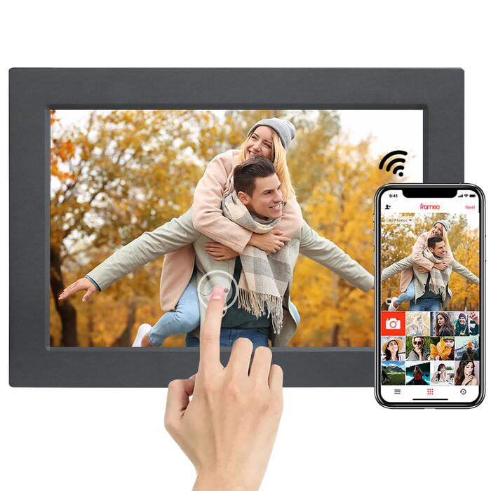 Frameo Цифровий фоторамка 10.1 дюйма з Wi-Fi, HD сенсорний екран, 16GB пам'яті, автоматичне обертання, віддалене завантаження фото та відео, чорний