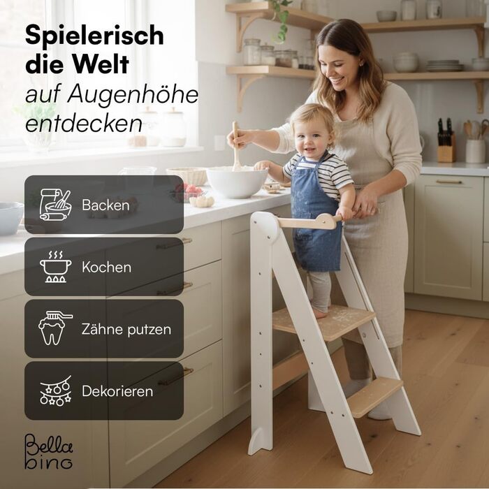 Лернтурм Bellabino Tay – навчальний столик для дітей від 1 року, регульована висота, білий, Монтессорі, з захистом від перекидання, з натурального дерева