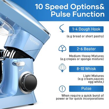 Кухонна машина Vezzio 1500W з чашею 8.5L з нержавіючої сталі, 10 швидкостей, для замішування та збивання тіста, з набором насадок (Синій)