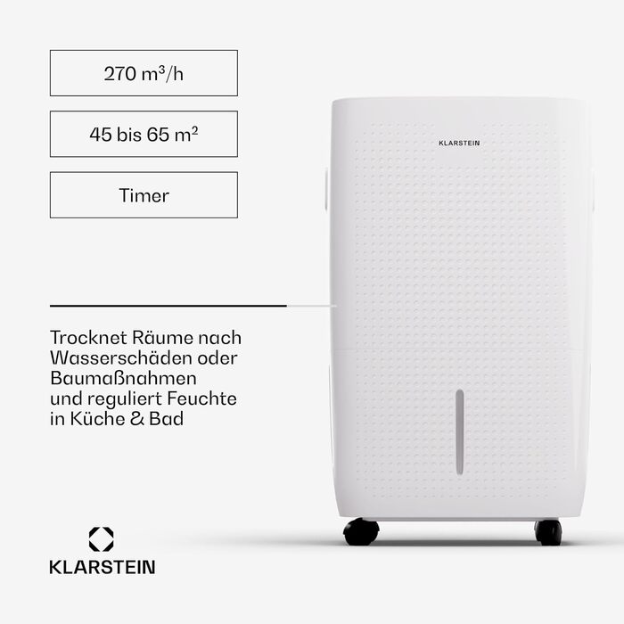 Klarstein DryFy Connect 60L: Розумний електросушар для повітря з Wi-Fi, 60 л/24г, 8 л бак, таймер, для приміщень до 65 м²