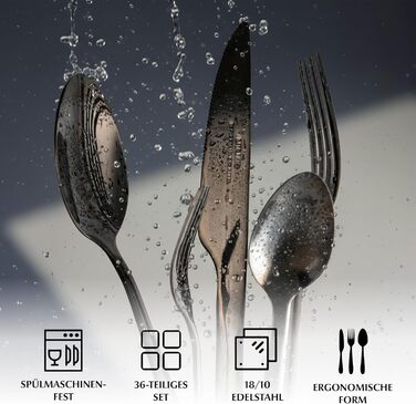 Набір столових приборів Miamio для 6 осіб (36 предметів) – нержавіюча сталь 18/10, чорний колір, придатний для миття в посудомийній машині