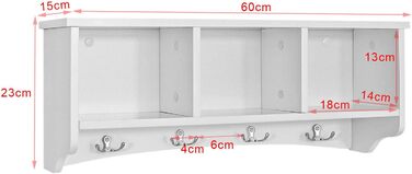 Настінна вішалка, Настінний гачок, Підвісна полиця, Шафа для ванної кімнати, з 4 гачками, Білий, Ш 60 см, 48-W