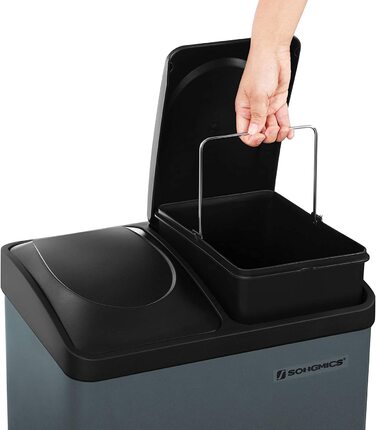 Відро для сміття SONGMIC об'ємом 30 літрів, роздільник сміття, 2 на 15 літрів, відро для сміття, педальне відро з внутрішніми відрами, кольорові педалі, система поділу сміття для кухні, димчасто-чорний LTB30G димчасто-сірий чорний