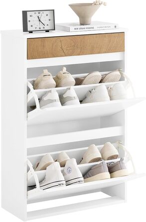 SoBuy Взуттєва шафа з 2 відкидними дверцятами, полиці та ящик, білий, 61x100x26 см, FSR165-W