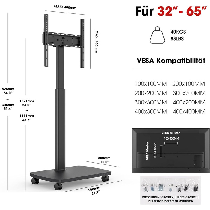 Підставка для телевізора на колесах з полицею, чорна, поворотна, регульована по висоті, VESA 400x400, для телевізорів 32-65 дюймів