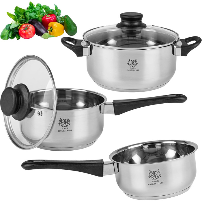 Набір каструль з нержавіючої сталі Induktion 3-х частинний - для всіх типів плит - з кришкою з термостійкого скла - з мірною шкалою