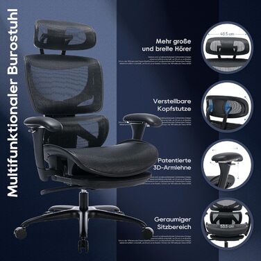 Органічний офісний крісло COLAMY з підніжкою, 3D підлокітниками, підголівником, підтримкою попереку та дихаючою сіткою - для офісу та дому, чорний