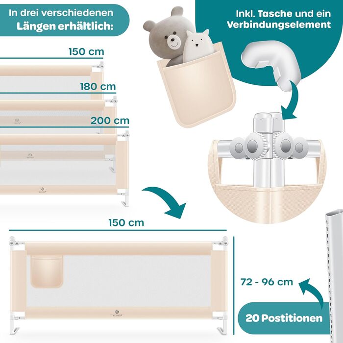 Захисний бортик для ліжка KESSER® 150 см, сітчастий, складаний та регульований по висоті, захист від випадання для дітей та немовлят, бежевий