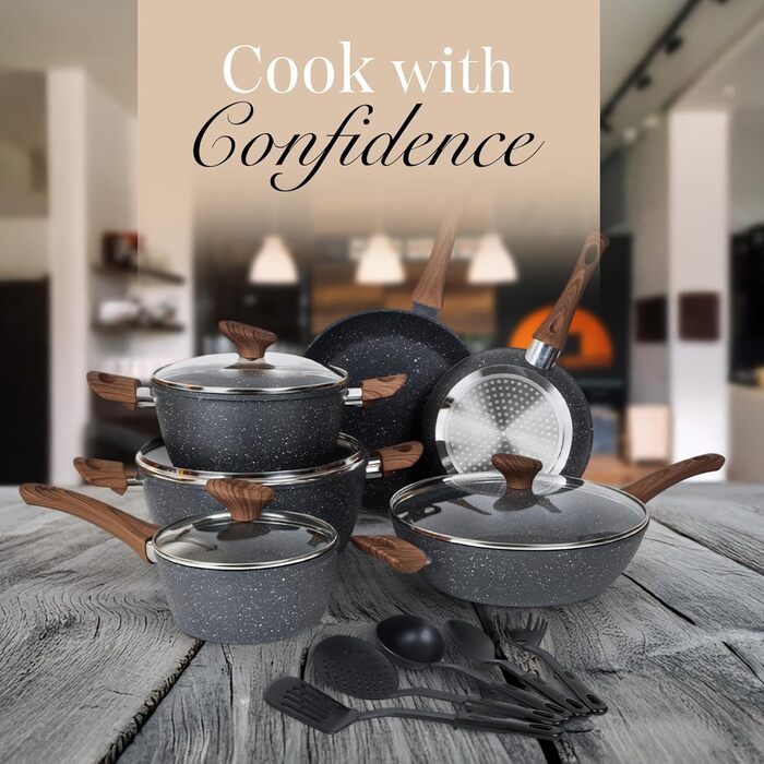 Набір каструль та сковорідок з антипригарним покриттям Nuovva - 15 предметів, з кришками, для індукційних плит, з гранітним покриттям