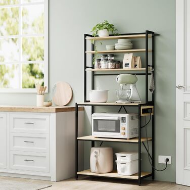 Кухонна полиця WOLTU з 6 ярусами, з розетками, для мікрохвильової печі, з металевим каркасом, регульовані полиці, Чорний+Рустикальний коричневий, 60 x 167 x 40 см