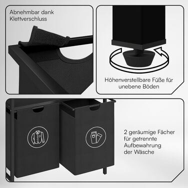 STEELSØN Rigil Кошик для білизни з 2 відділеннями та полицею з бамбука – 2 кошики по 45 л, чорний – металевий сортер для білизни з висувними мішками