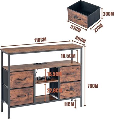 Вінтажна шафа для вітальні з LED-підсвічуванням, комод у стилі вінтаж з 4 висувними ящиками, 110x30x78 см, 2 USB та 2 AC роз'єми, дерев'яний комод для вітальні/кухні