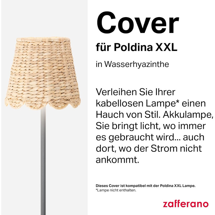 Zafferano Poldina XXL: Бездротова LED-лампа на акумуляторі з торшером, регульована висота 69-150 см, диммер, 2700-3000K, для вітальні та зовні, з зарядним пристроєм (Poldina Cover, ротанг)