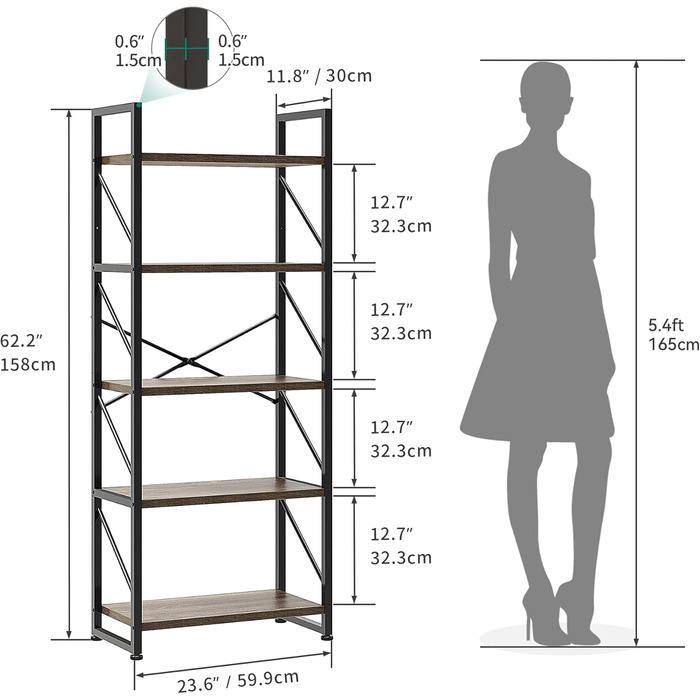 Книжкова шафа YITAHOME 5 ярусів, промислова стояча полиця, 60x30x158 см, сірий