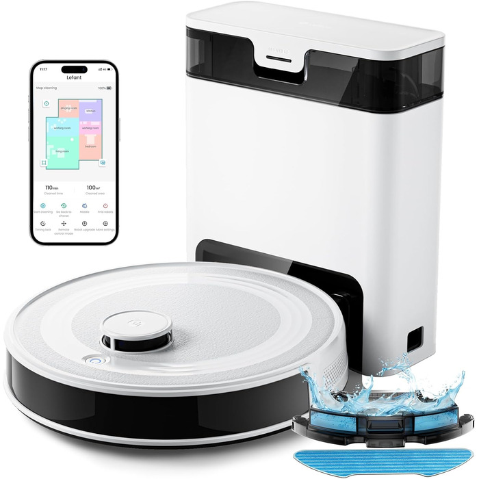 Робот-пилосос LEFANT M2S Pro з функцією миття, 5000Pa, лазерна навігація, LiDAR dToF, 150 хв, розпізнавання килимів, керування через додаток/голос, ідеальний для шерсті тварин, чорний