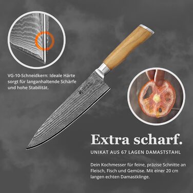 Ніж кухарський Wakoli з дамаської сталі (серцевина VG10) з 20 см лезом – гострий та збалансований – ніж з ручкою з оливкового дерева в подарунковій коробці – ніж кухонний з дамаської сталі для професіоналів та поціновувачів