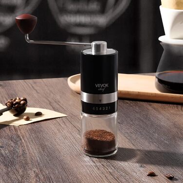 Ручна кавомолка VEVOK CHEF з нержавіючої сталі з керамічним жорном, регульована ступінь помолу, вінтажний дизайн, портативна, для дому та кемпінгу (чорний)