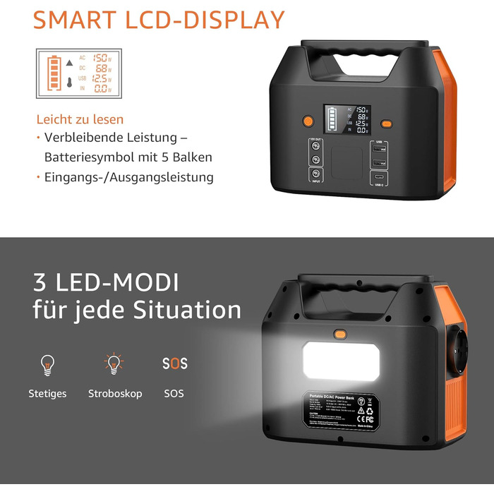 Портативна електростанція SinKeu 99Wh/150W: сонячний генератор з AC 230V, USB та виходом для запальнички, для кемпінгу, подорожей та як резервне джерело живлення (Black)