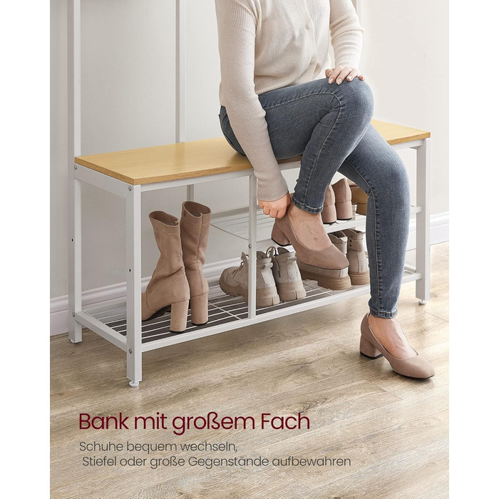 Дзеркало-вішалка VASAGLE HSR415B01 з банкеткою та полицею для взуття, 35 x 98 x 180 см, індустріальний дизайн, вінтажний колір