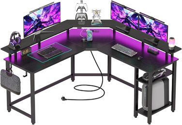 Комп'ютерний стіл Rolanstar L-подібний з RGB підсвічуванням та розетками, кутовий ігровий стіл, стіл для офісу, робочого кабінету, спальні (117 см, чорний, 137 x 137 x 87 см)